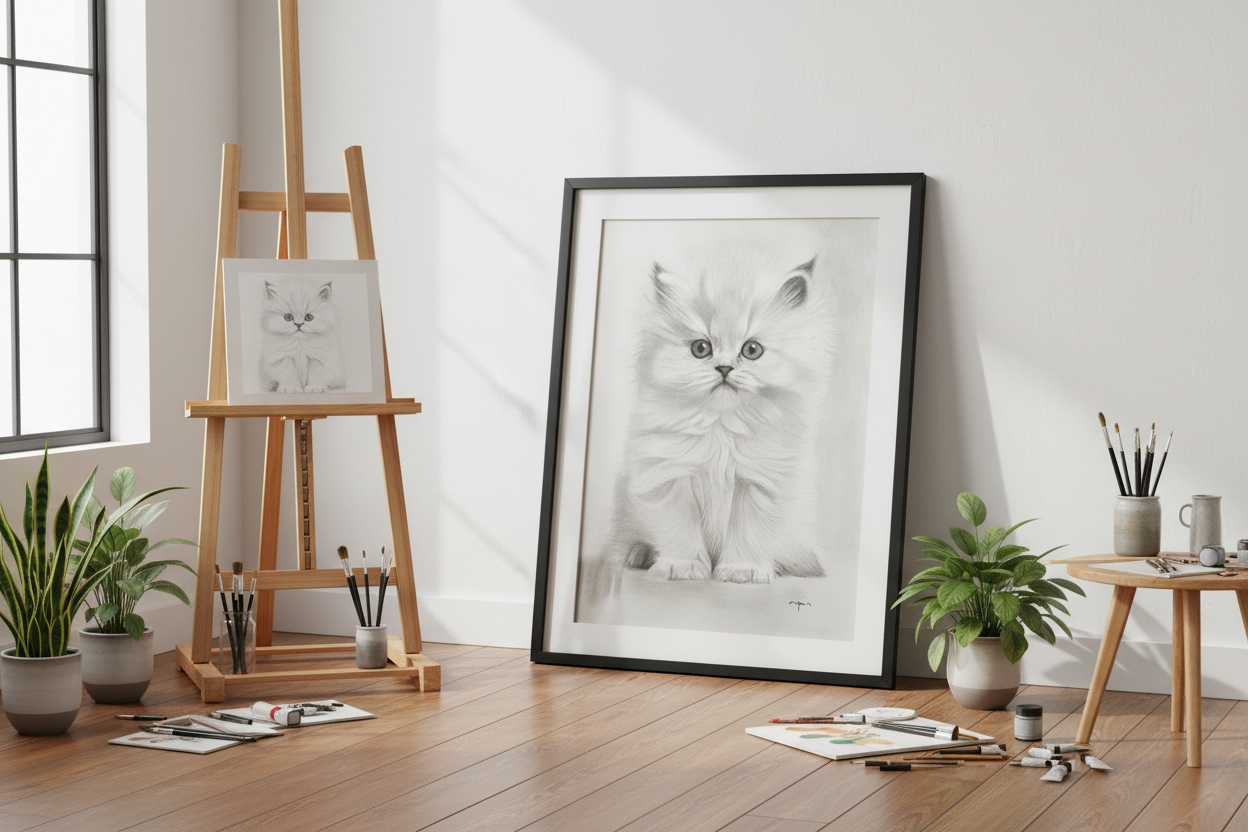 Obra Gato Persa enmarcada en estudio de artista
