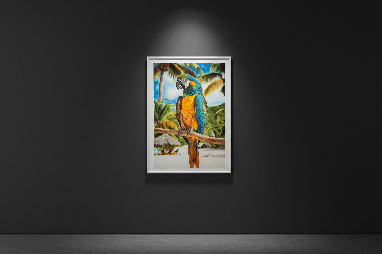 Papagayo marco blanco galería oscura